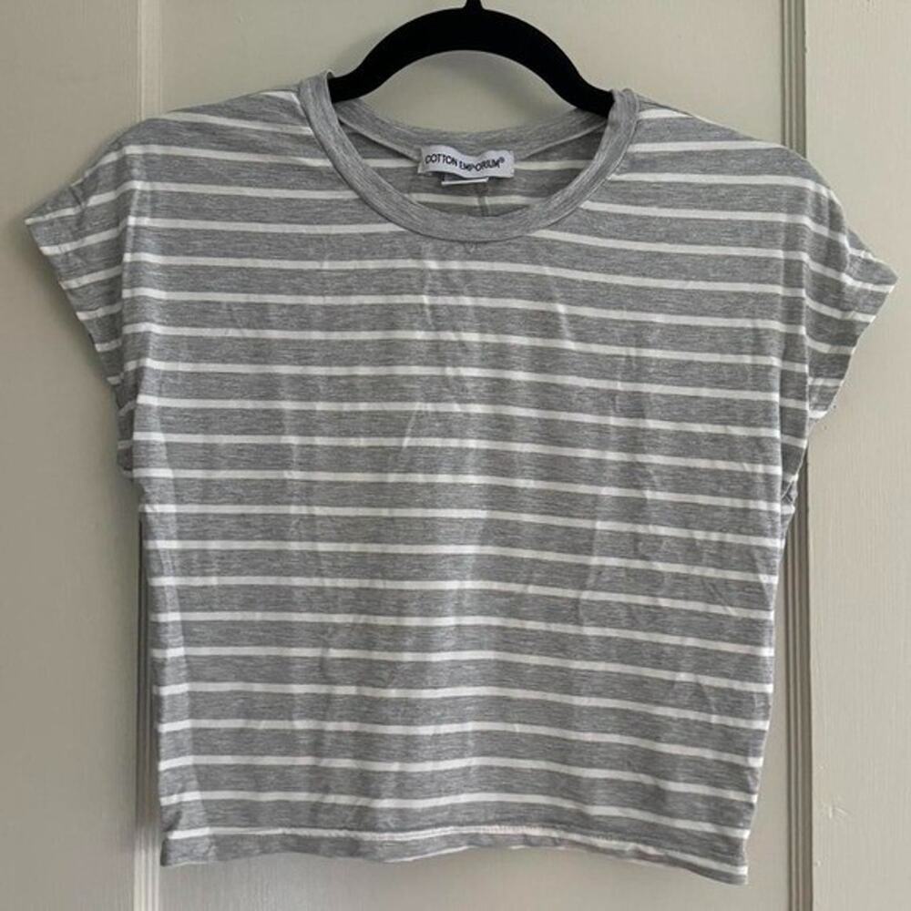 Cotton Eporium Short Sleeve Grey Striped Crop Tshirt Size Large NWT